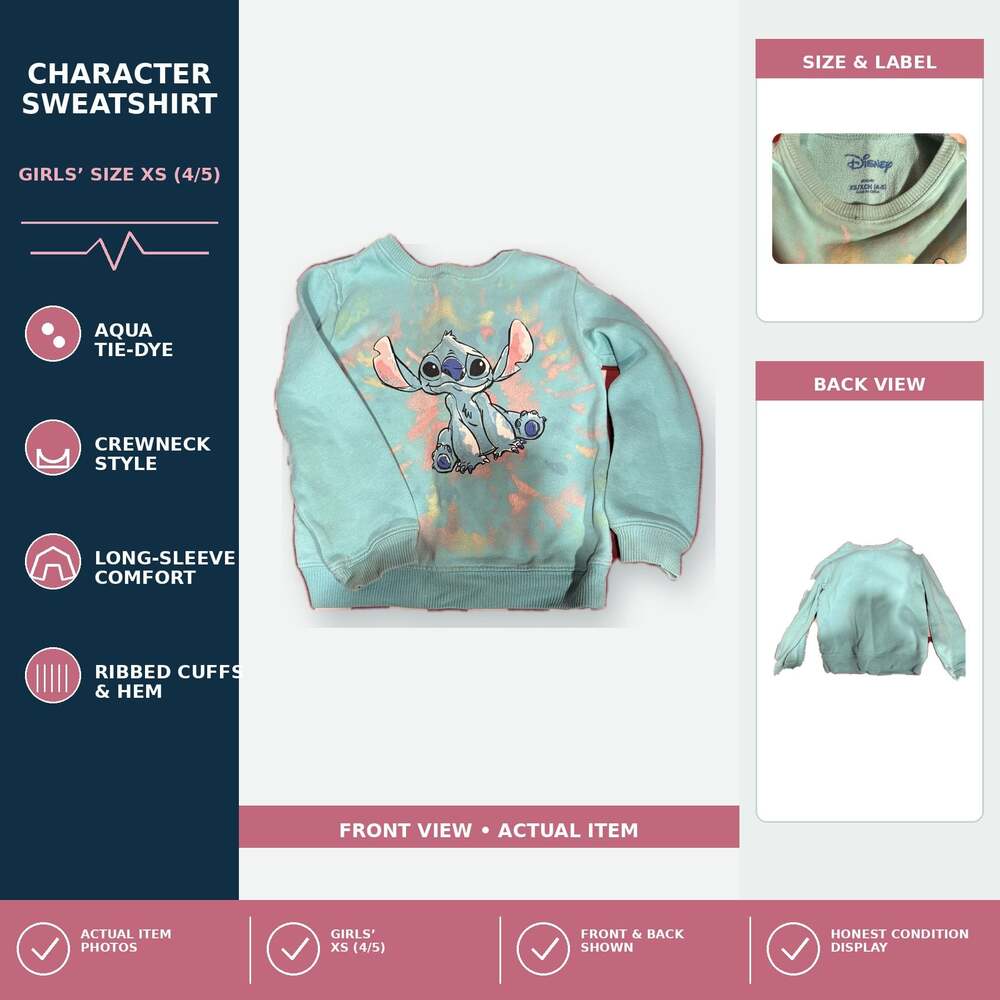 Disney Lilo & Stitch Aqua Tie-Dye Girls Crewneck Sweatshirt Size XS 4/5